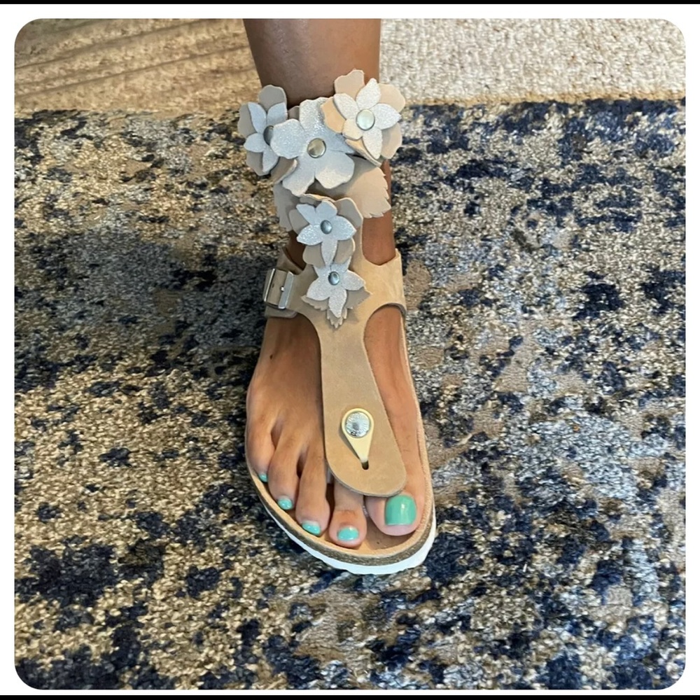 Birkenstock Womens Gizeh High Flower Leather Footbed Sandals Size 37/6-6.5